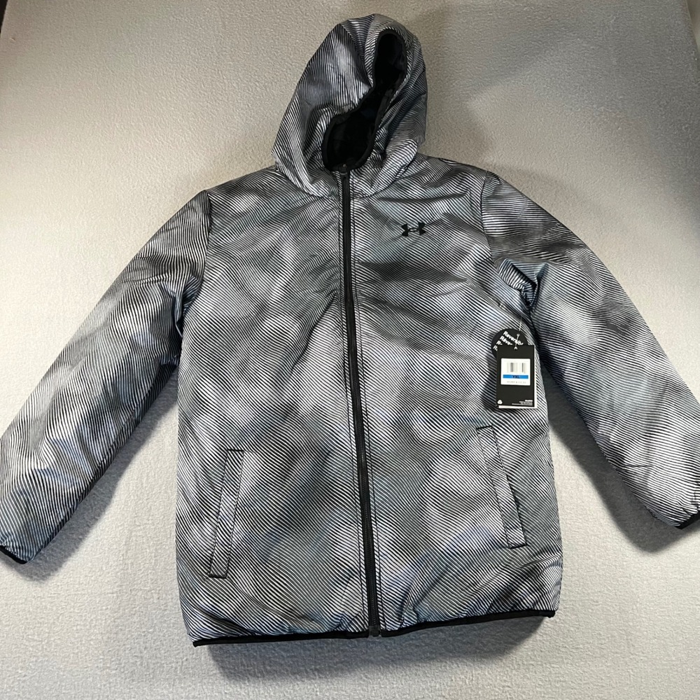 Under Armour boys‎ Reversible pronto Puffer Jacket Black Grey Hooded Youth XL - Picture 2 of 10